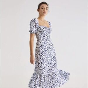 Commense Blue White Floral Midi Dress Size L Puff Sleeve Square Neck Cottagecore